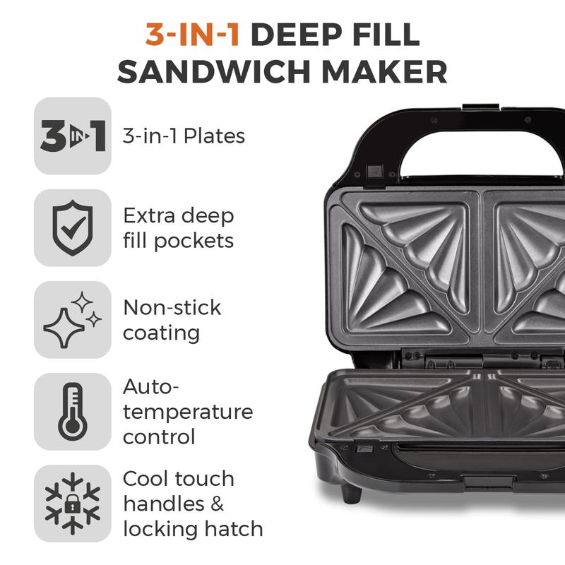 Tower Deep Fill Sandwich Maker 3in1  - Stainless Steel