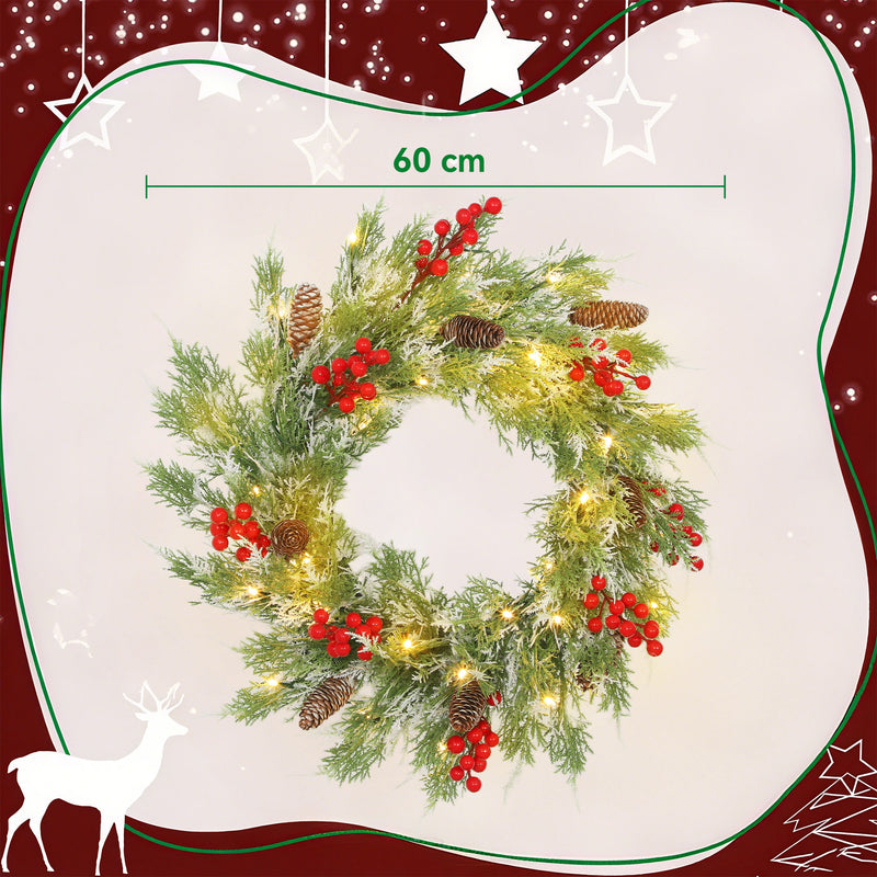 HOMCOM 60 cm Prelit Christmas Wreath, Door Wreath with Realistic Branches
