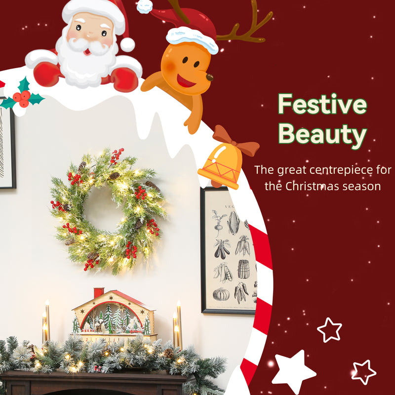 HOMCOM 60 cm Prelit Christmas Wreath, Door Wreath with Realistic Branches
