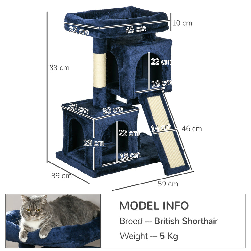 PawHut Cat Rest & Play Activity Tree w/ 2 House Perch Scratching Post Navy Blue