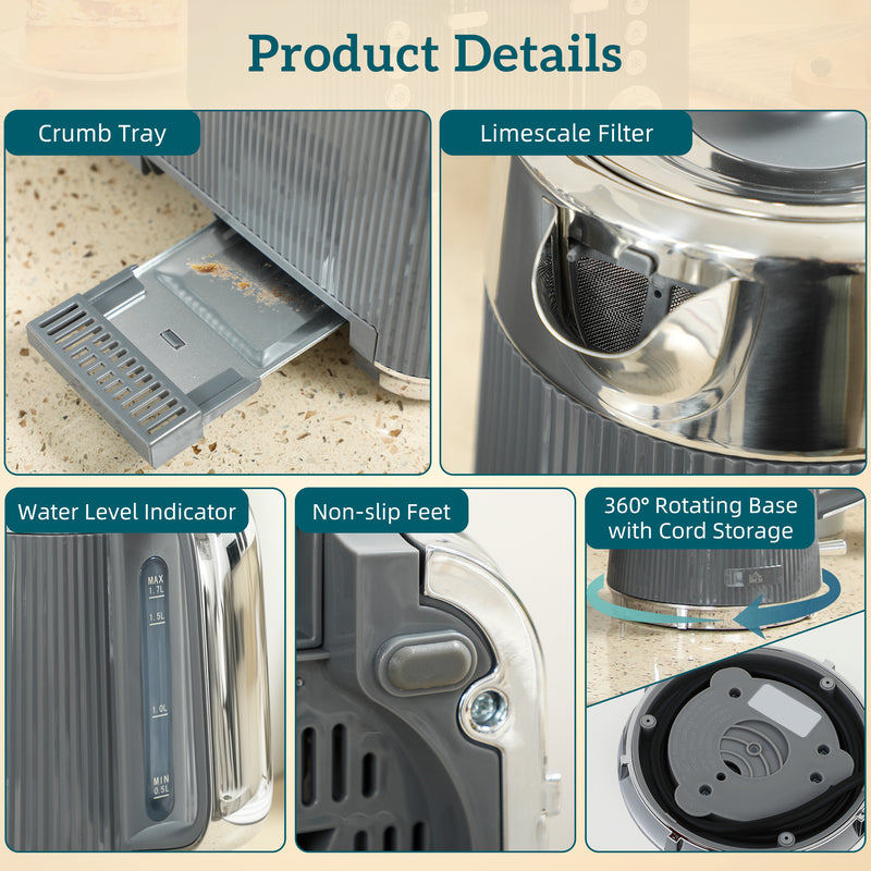 HOMCOM 1.7L 3000W Rapid Boil Kettle and 4 Slice Toaster Set Crumb Tray