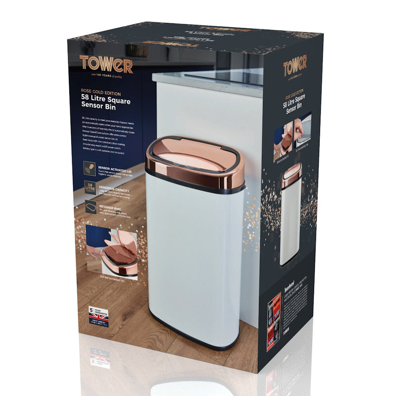 Tower Square Sensor Bin 58L Rose Gold  - White