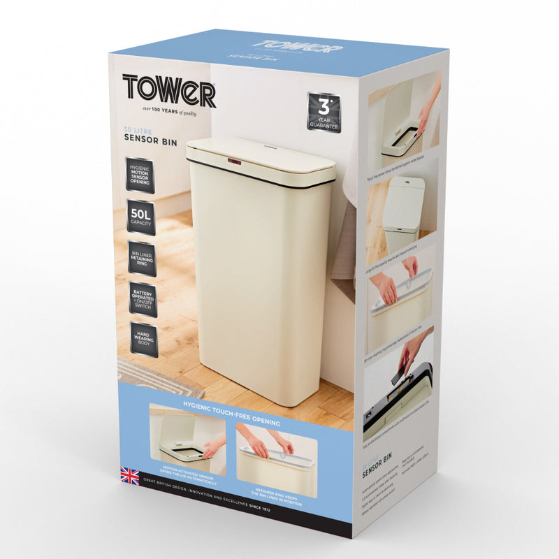 Tower Rectangular Sensor Bin 50L  - Cream