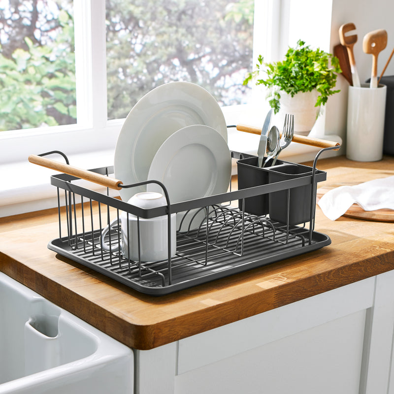 Black Dish Rack with Wood Handles