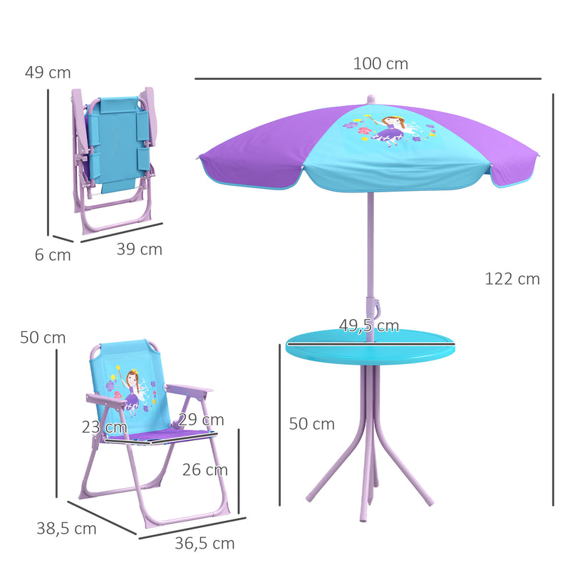 Outsunny Kids Bistro Table and Chair Set w/ Fairy Theme, Adjustable Parasol