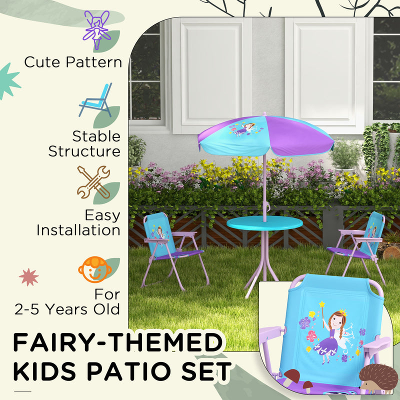 Outsunny Kids Bistro Table and Chair Set w/ Fairy Theme, Adjustable Parasol