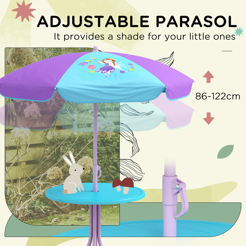 Outsunny Kids Bistro Table and Chair Set w/ Fairy Theme, Adjustable Parasol