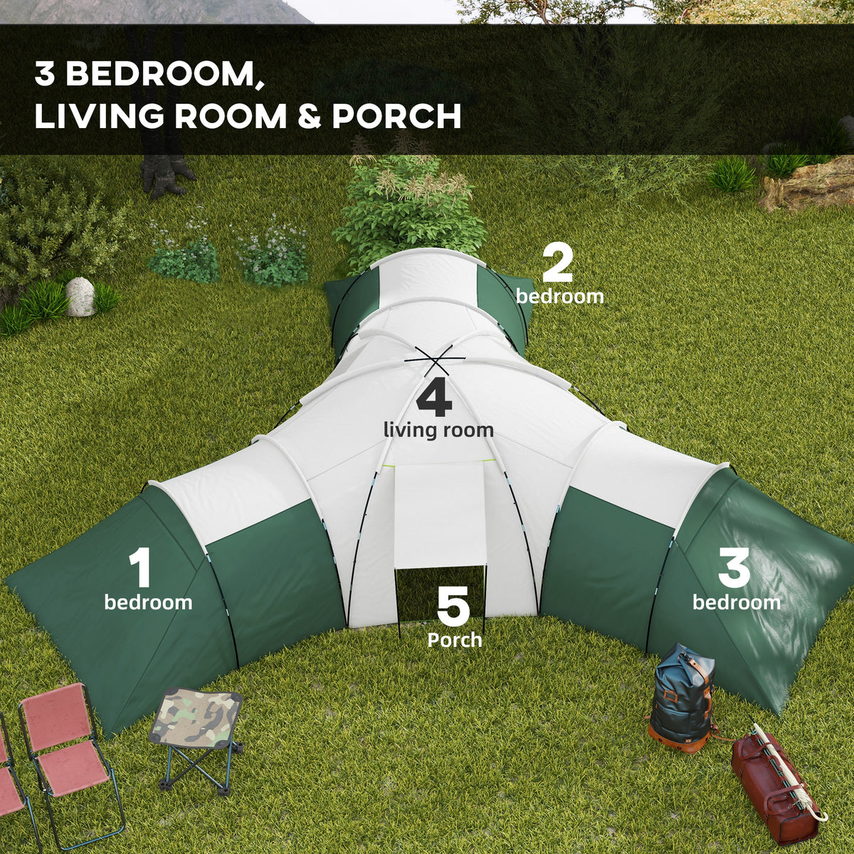 Outsunny Large Camping Tent with 3 Bedroom, Living Area and Porch for