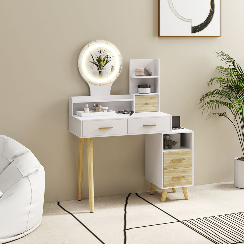 HOMCOM Dressing Table with Mirror, Vanity Table with LED Lights, White
