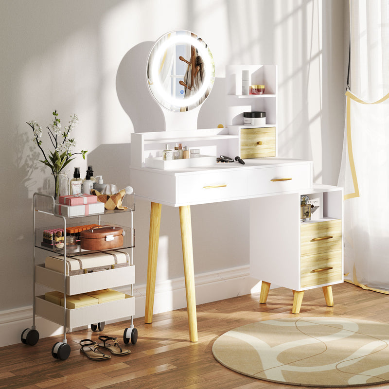 HOMCOM Dressing Table with Mirror, Vanity Table with LED Lights, White