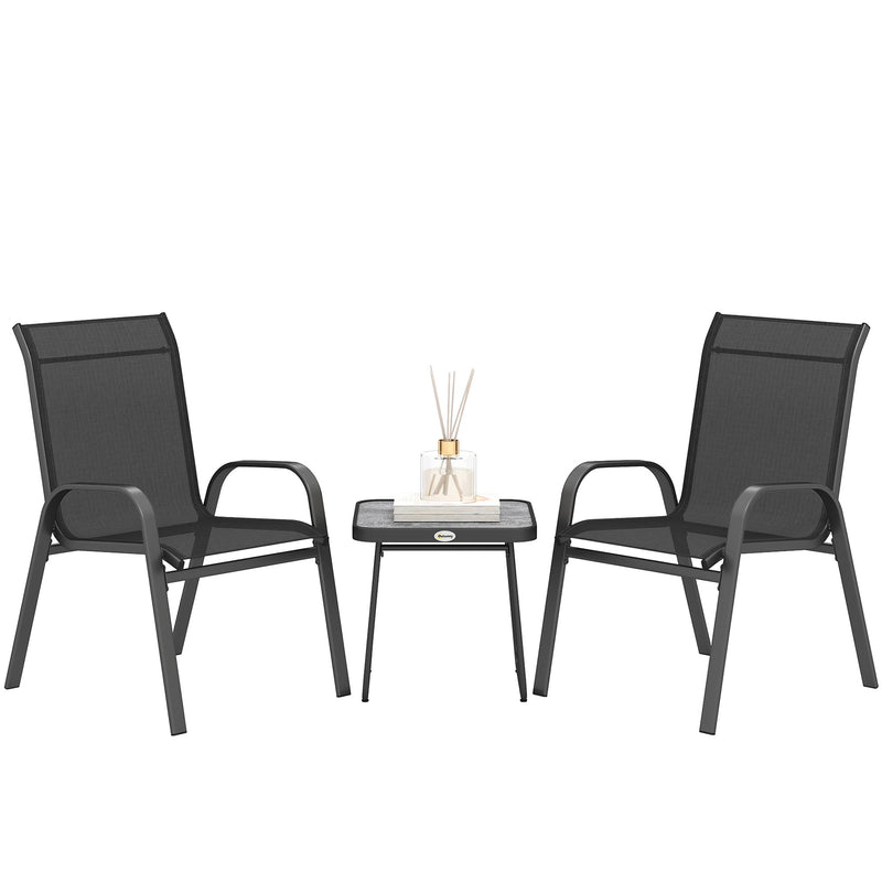 Outsunny 3PCs Bistro Set With Breathable Mesh Fabric Stackable Chairs - Grey/Black