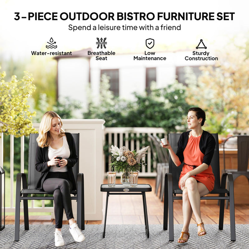 Outsunny 3PCs Bistro Set With Breathable Mesh Fabric Stackable Chairs - Grey/Black