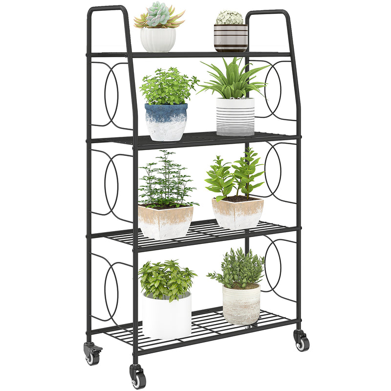 Outsunny 4-Tier Metal Plant Stand, Plants Display Rack with Lockable W