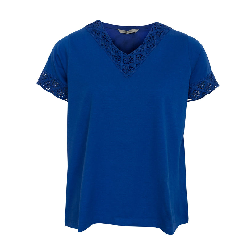 Lace Detailed V Neck T Shirt - Blue