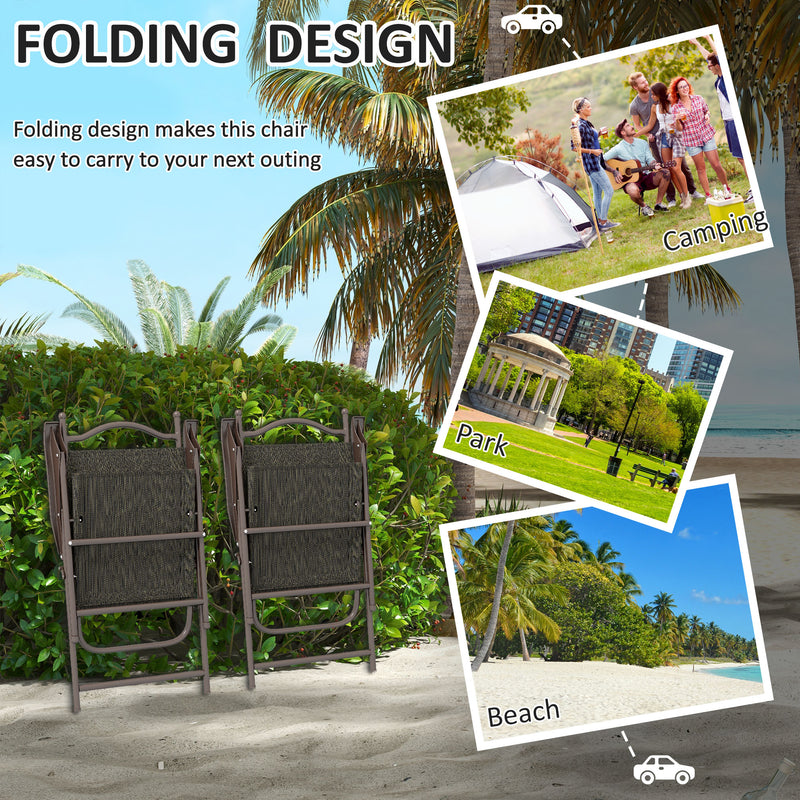 Outsunny Folding Chairs Set W/ Armrest, Breathable Mesh Fabric Seat - Grey/Brown