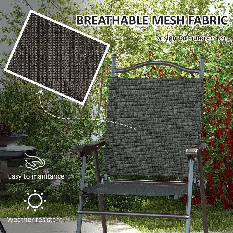 Outsunny Folding Chairs Set W/ Armrest, Breathable Mesh Fabric Seat - Grey/Brown