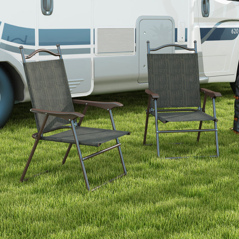 Outsunny Folding Chairs Set W/ Armrest, Breathable Mesh Fabric Seat - Grey/Brown