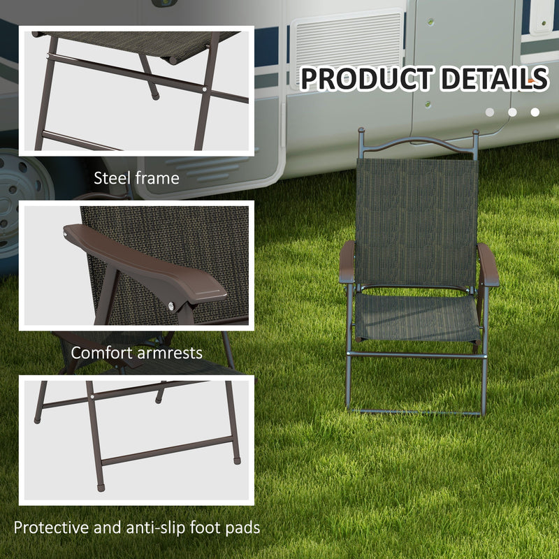 Outsunny Folding Chairs Set W/ Armrest, Breathable Mesh Fabric Seat - Grey/Brown