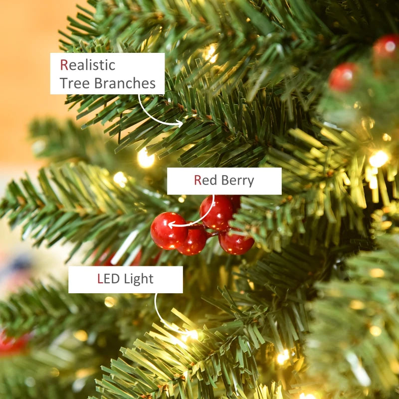 HOMCOM 6FT Prelit Artificial Pencil Christmas Tree with Warm White LED Light, Red Berry, Green