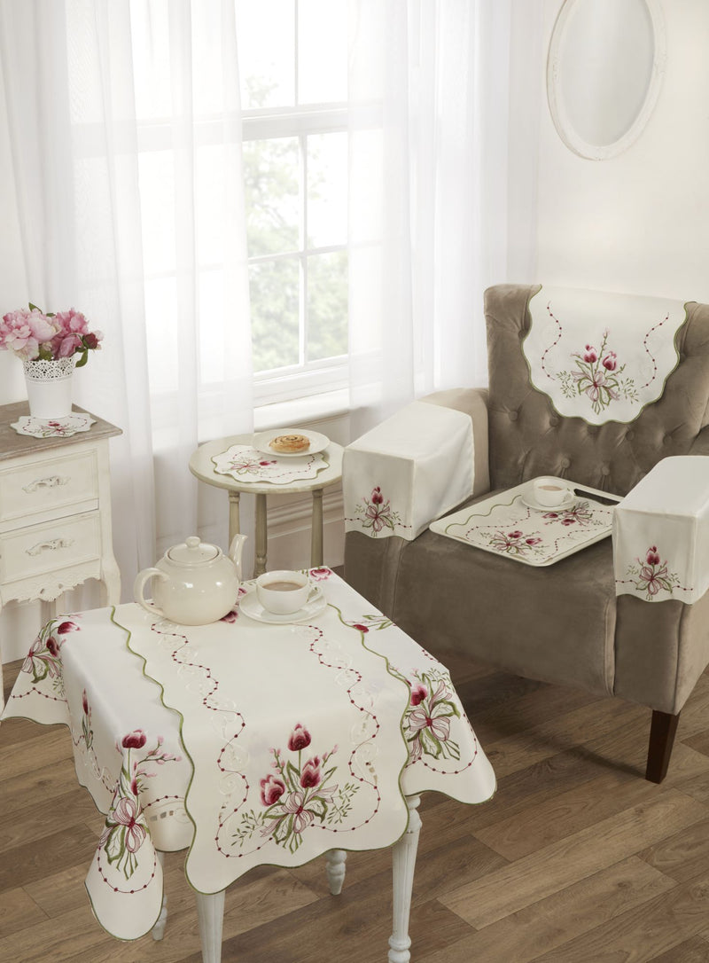 Tulip Embroidered Table Cloth in Cream