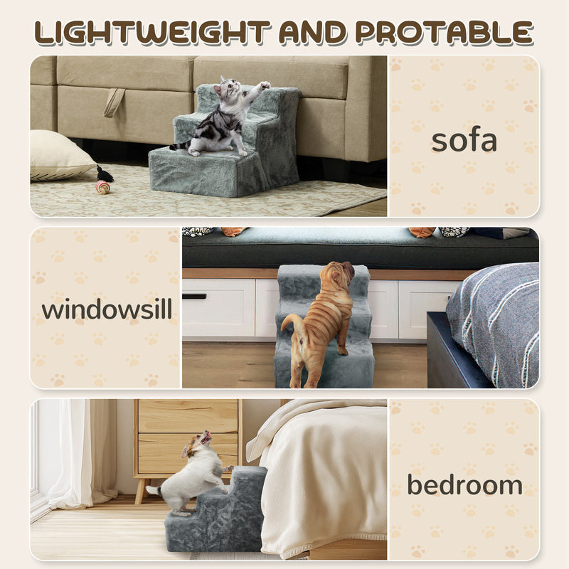 PawHut Three-Step Portable Dog Stairs With Washable Plush Cover, For Small Pets