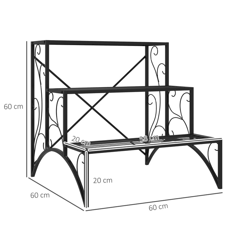 Outsunny 3-Tier Metal Plant Stand for Garden Balcony Indoor Outdoor, Black