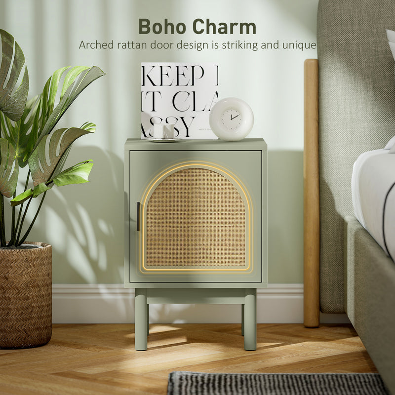 HOMCOM Boho Bedside Table with Rattan Door and Adjustable Shelf