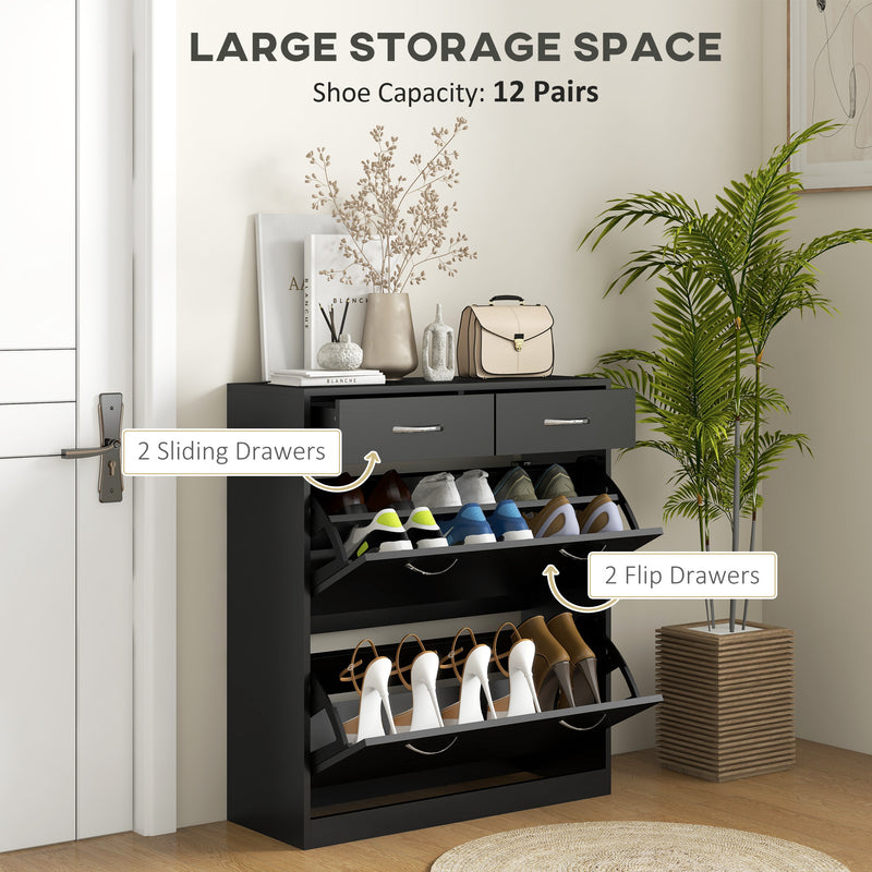 HOMCOM Slim Shoe Cabinet with 2 Flip Drawers for 12 Pairs of Shoes Black