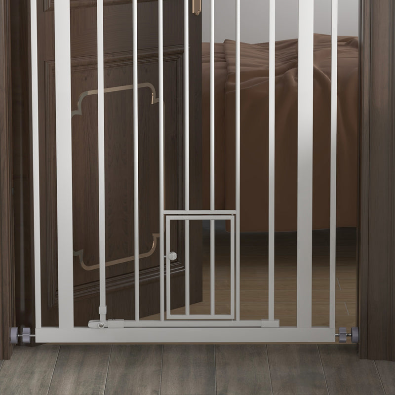 PawHut Extra Tall Dog Gate with Cat Door Auto Close for Stairs 74-80 cm Wide