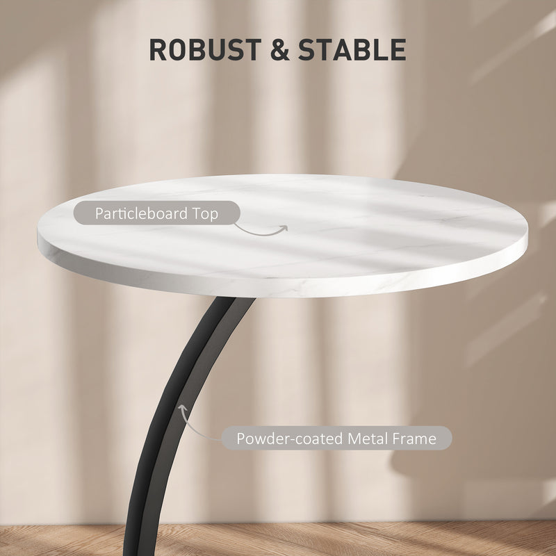 HOMCOM C Shaped Side Table, Round Bedside Table w/ Marble Effect Top, White