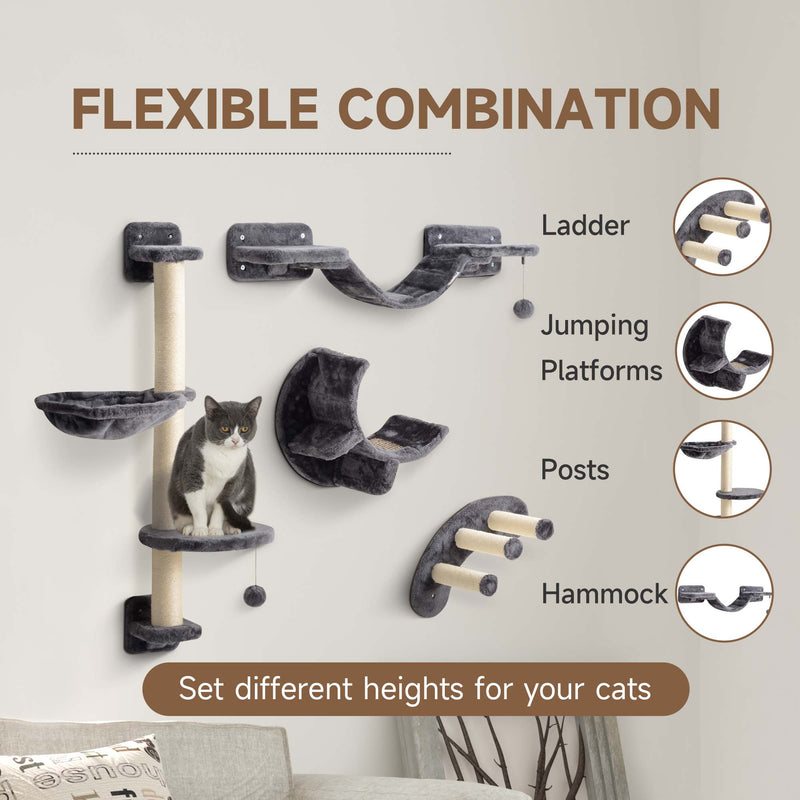 PawHut 4-Piece Cat Wall Furniture w/ Hammock, Ladder, Platforms - Dark Grey