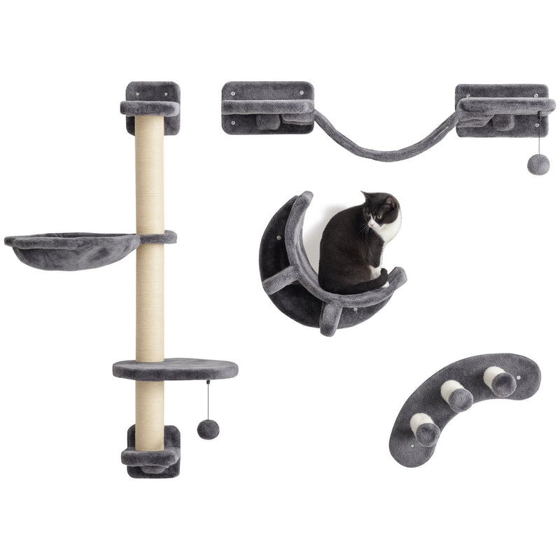 PawHut 4-Piece Cat Wall Furniture w/ Hammock, Ladder, Platforms - Dark Grey