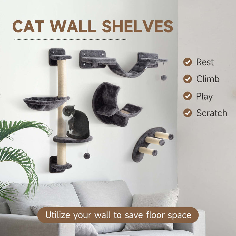 PawHut 4-Piece Cat Wall Furniture w/ Hammock, Ladder, Platforms - Dark Grey