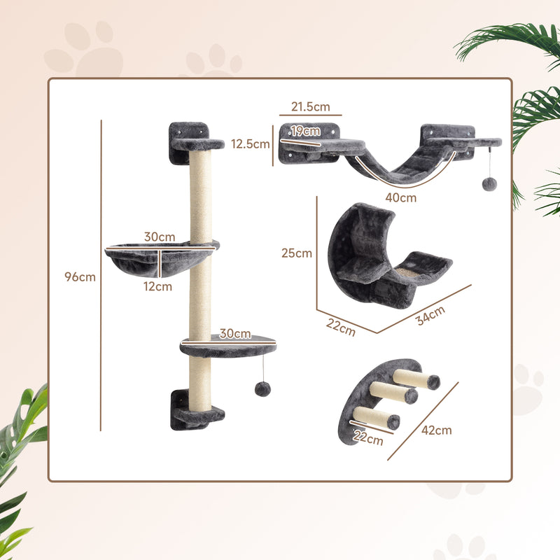 PawHut 4-Piece Cat Wall Furniture w/ Hammock, Ladder, Platforms - Dark Grey