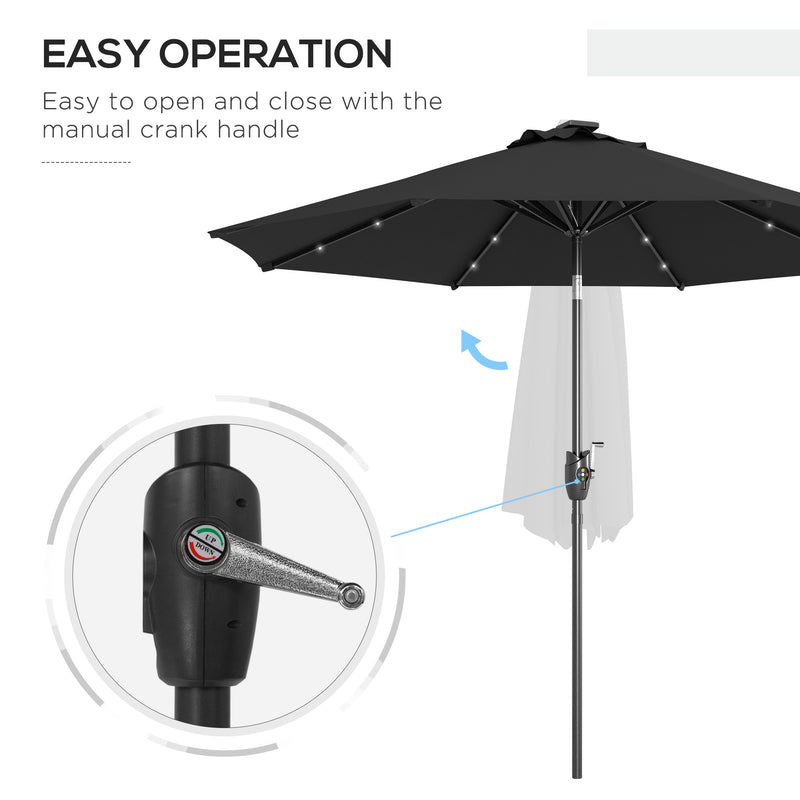 Outsunny Garden Parasol Outdoor Tilt Sun Umbrella LED Light Hand Crank Black