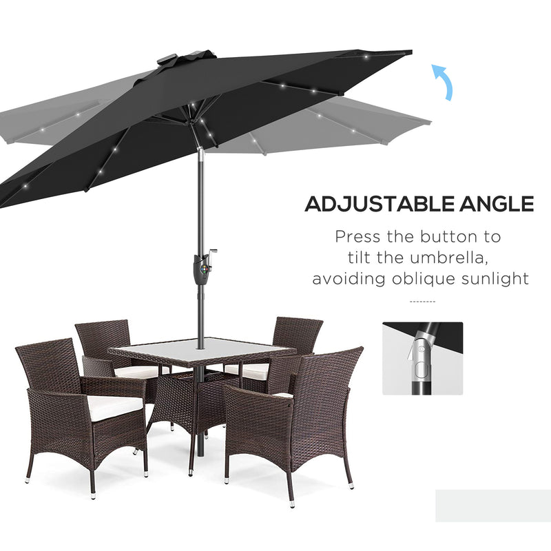Outsunny Garden Parasol Outdoor Tilt Sun Umbrella LED Light Hand Crank Black