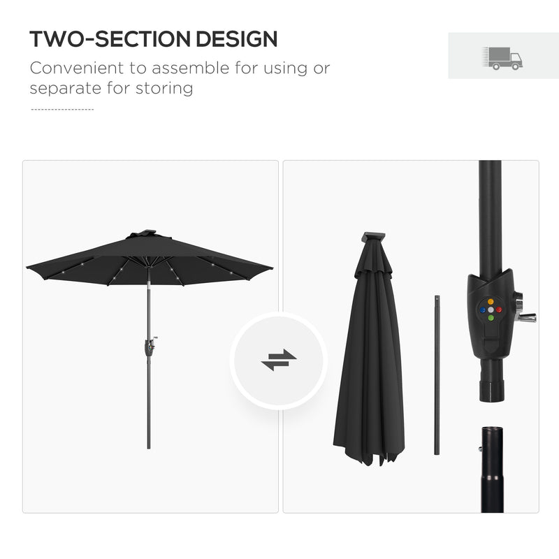 Outsunny Garden Parasol Outdoor Tilt Sun Umbrella LED Light Hand Crank Black