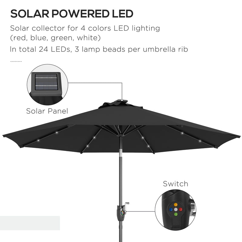 Outsunny Garden Parasol Outdoor Tilt Sun Umbrella LED Light Hand Crank Black