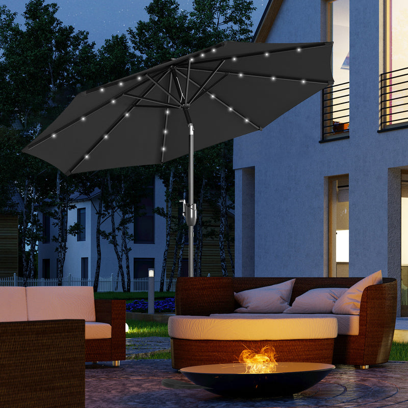 Outsunny Garden Parasol Outdoor Tilt Sun Umbrella LED Light Hand Crank Black