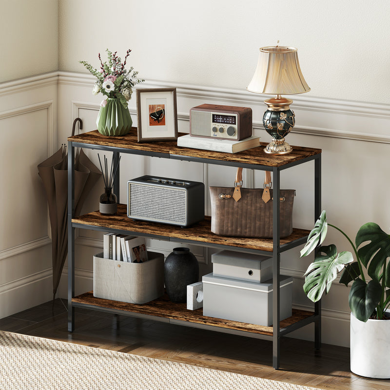 HOMCOM Industrial Console Table with 3-Tier Storage Shelves Rustic Brown