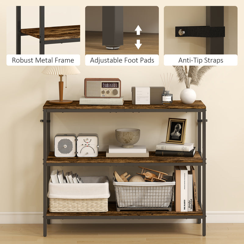 HOMCOM Industrial Console Table with 3-Tier Storage Shelves Rustic Brown