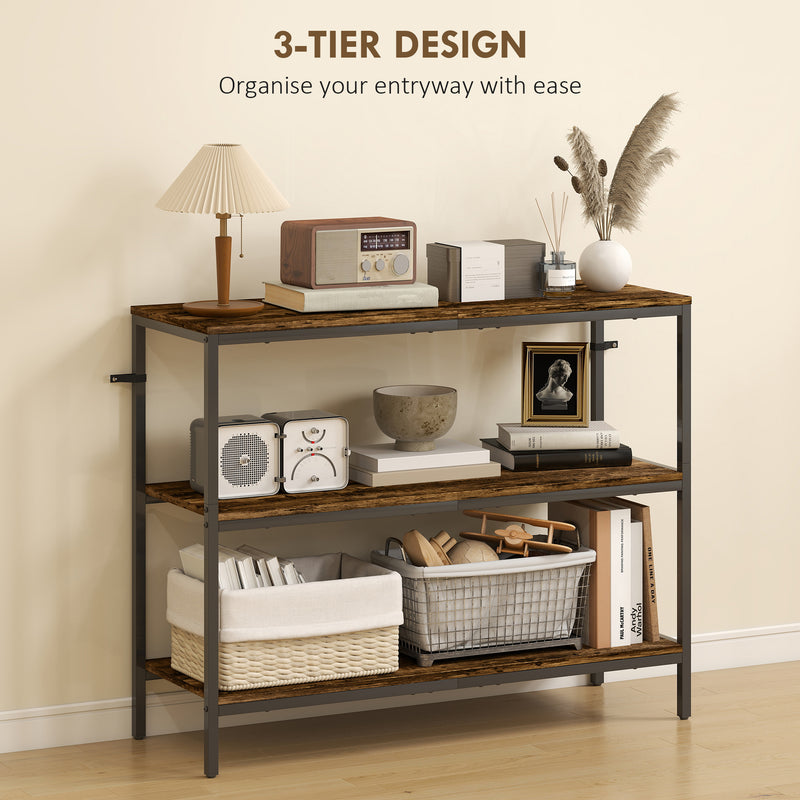 HOMCOM Industrial Console Table with 3-Tier Storage Shelves Rustic Brown
