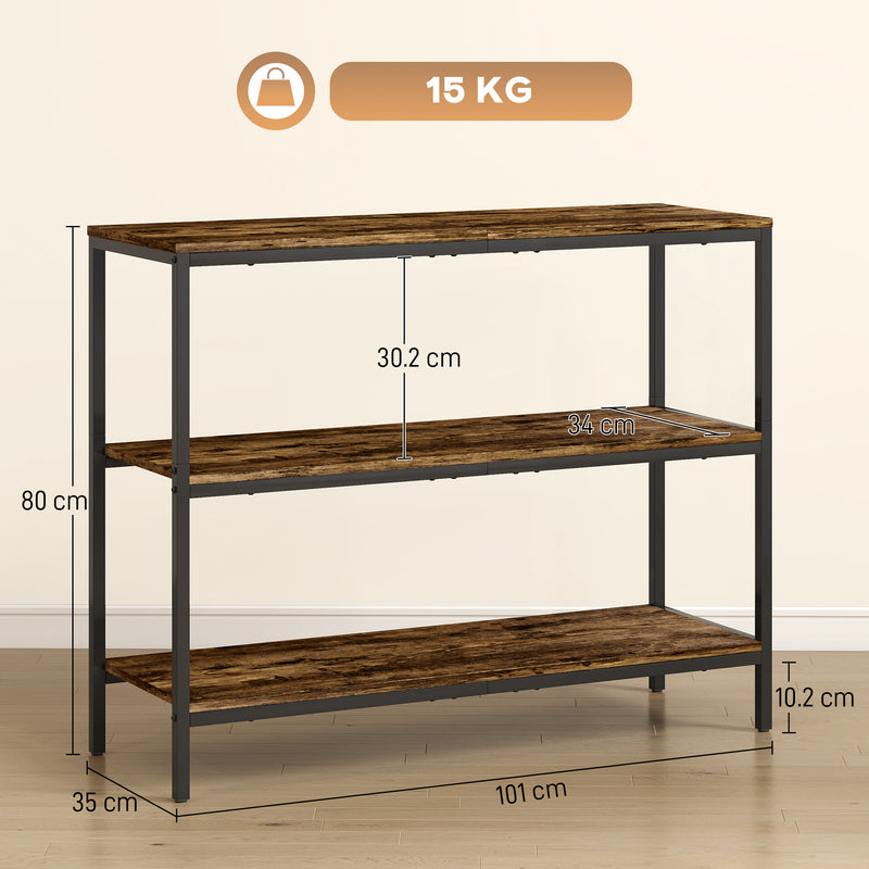 HOMCOM Industrial Console Table with 3-Tier Storage Shelves Rustic Brown