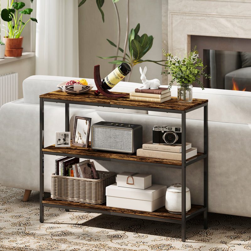 HOMCOM Industrial Console Table with 3-Tier Storage Shelves Rustic Brown