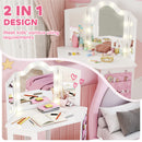 AIYAPLAY Kids Vanity Table and Stool with Lights, Tri-Folding Mirror, White