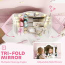 AIYAPLAY Kids Vanity Table and Stool with Lights, Tri-Folding Mirror, White