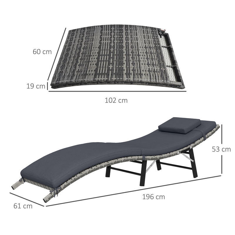 Outsunny Folding Rattan Sun Lounger with Cushion and Pillow, Grey