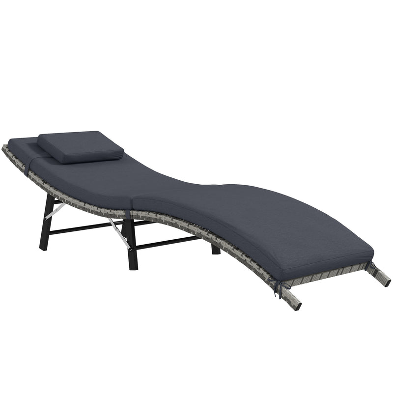 Outsunny Folding Rattan Sun Lounger with Cushion and Pillow, Grey