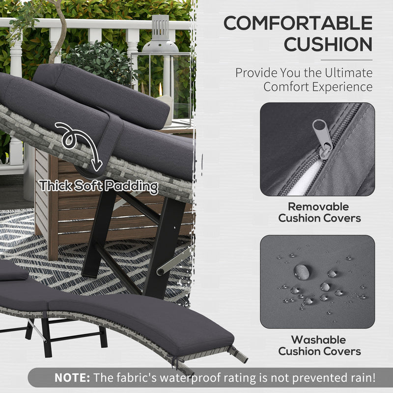 Outsunny Folding Rattan Sun Lounger with Cushion and Pillow, Grey