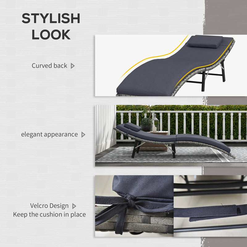 Outsunny Folding Rattan Sun Lounger with Cushion and Pillow, Grey